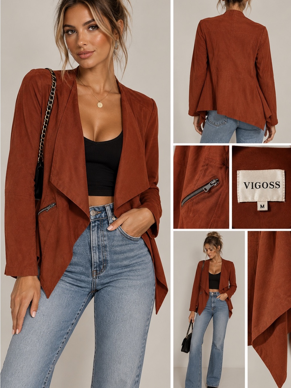 Vigoss Women's Rust Open-Front Waterfall Blazer